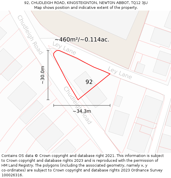 92, CHUDLEIGH ROAD, KINGSTEIGNTON, NEWTON ABBOT, TQ12 3JU: Plot and title map