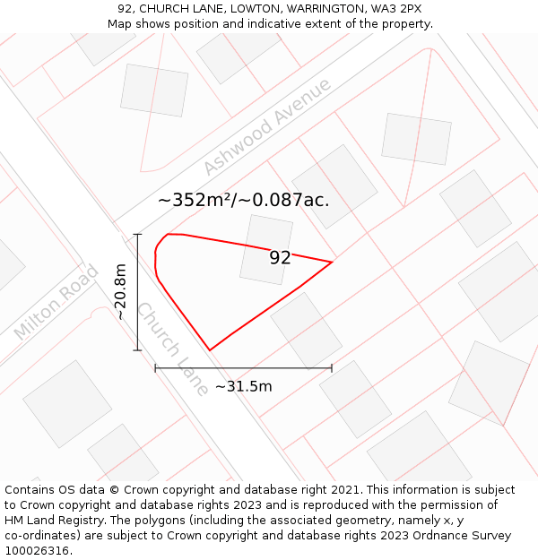 92, CHURCH LANE, LOWTON, WARRINGTON, WA3 2PX: Plot and title map