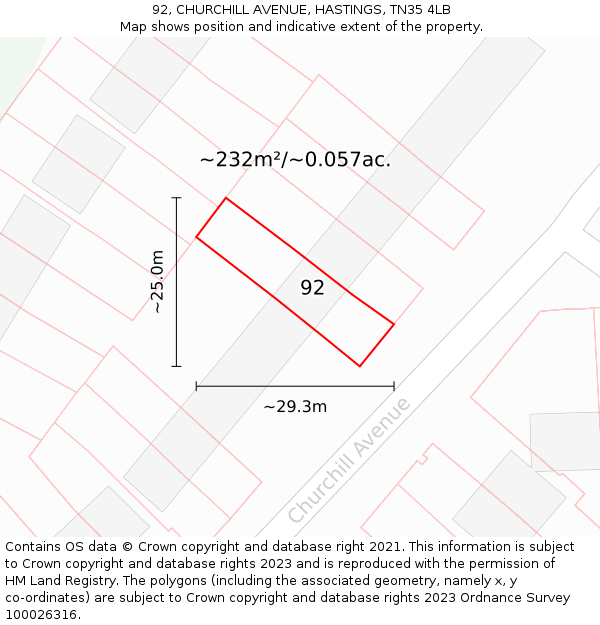 92, CHURCHILL AVENUE, HASTINGS, TN35 4LB: Plot and title map