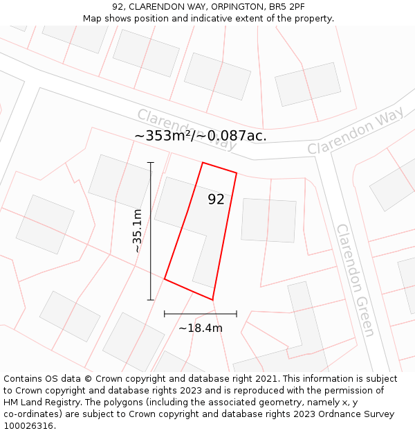 92, CLARENDON WAY, ORPINGTON, BR5 2PF: Plot and title map