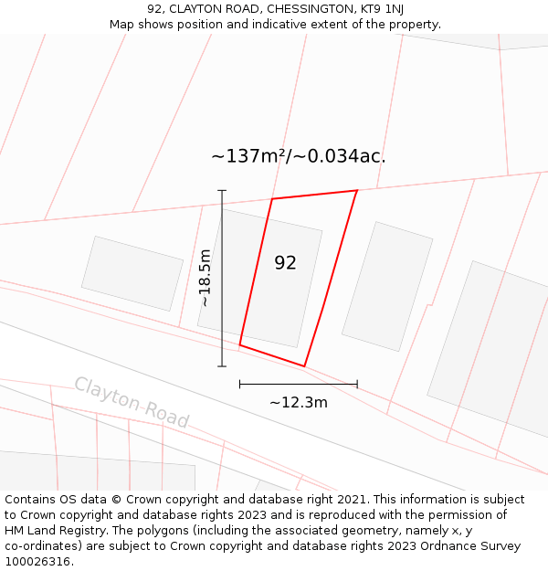 92, CLAYTON ROAD, CHESSINGTON, KT9 1NJ: Plot and title map