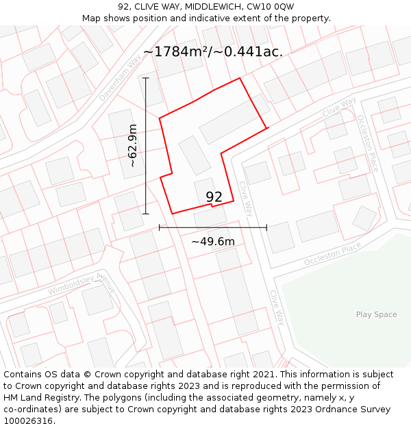 92, CLIVE WAY, MIDDLEWICH, CW10 0QW: Plot and title map