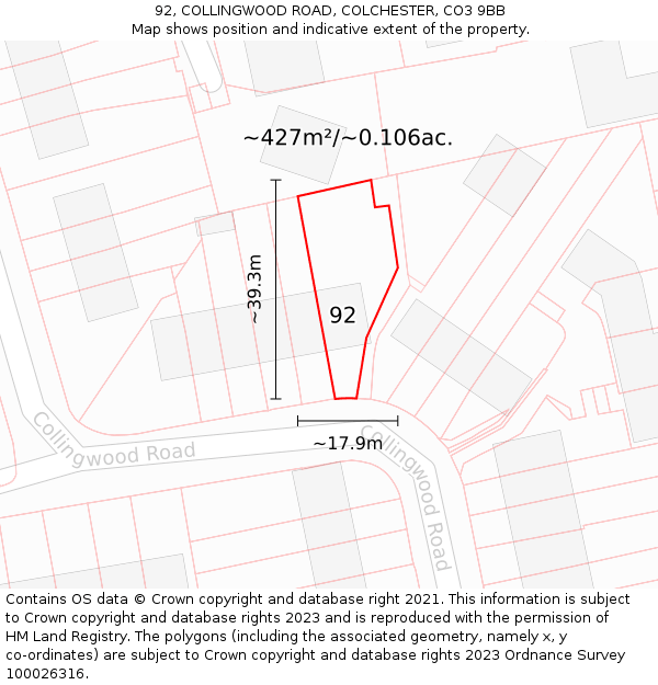 92, COLLINGWOOD ROAD, COLCHESTER, CO3 9BB: Plot and title map