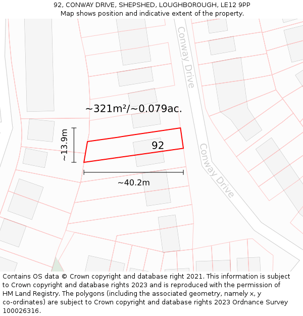 92, CONWAY DRIVE, SHEPSHED, LOUGHBOROUGH, LE12 9PP: Plot and title map