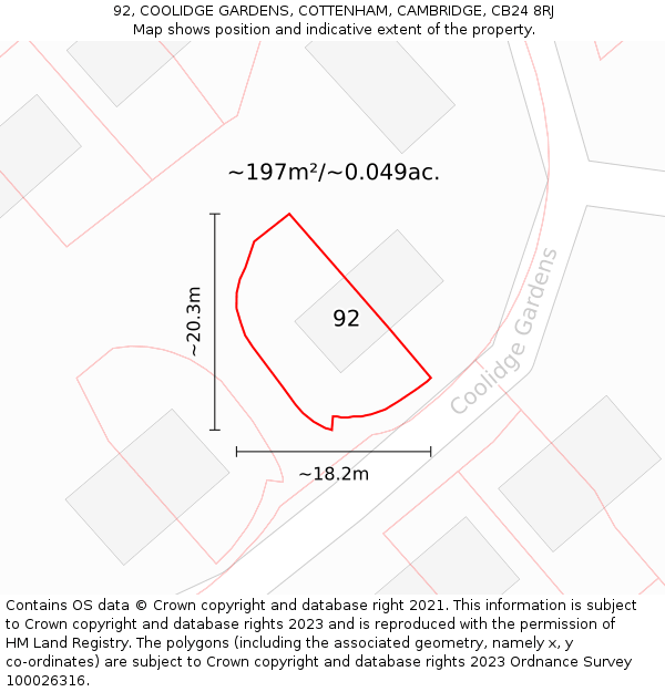 92, COOLIDGE GARDENS, COTTENHAM, CAMBRIDGE, CB24 8RJ: Plot and title map
