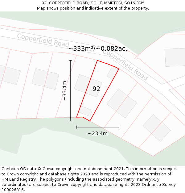 92, COPPERFIELD ROAD, SOUTHAMPTON, SO16 3NY: Plot and title map