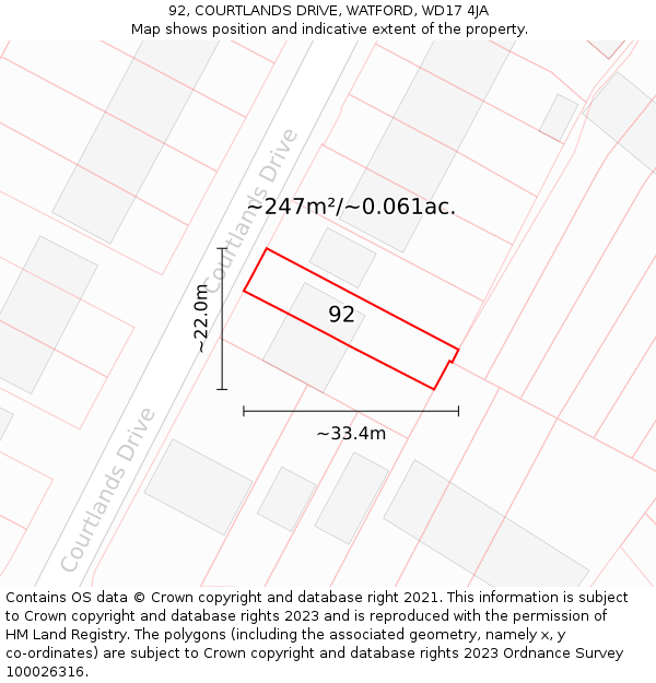 92, COURTLANDS DRIVE, WATFORD, WD17 4JA: Plot and title map