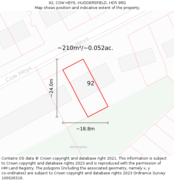 92, COW HEYS, HUDDERSFIELD, HD5 9RG: Plot and title map