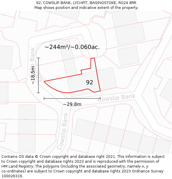 92, COWSLIP BANK, LYCHPIT, BASINGSTOKE, RG24 8RR: Plot and title map