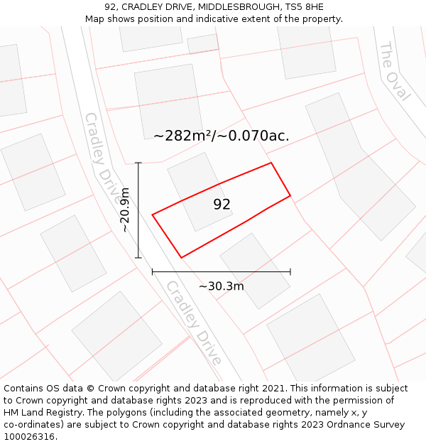 92, CRADLEY DRIVE, MIDDLESBROUGH, TS5 8HE: Plot and title map