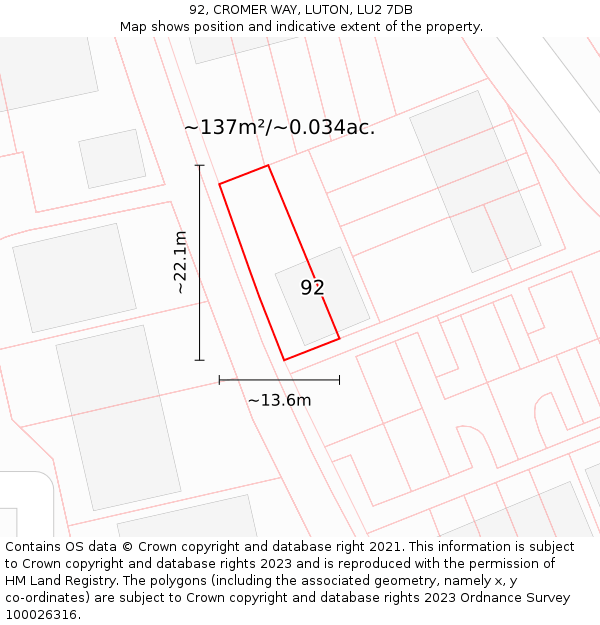 92, CROMER WAY, LUTON, LU2 7DB: Plot and title map