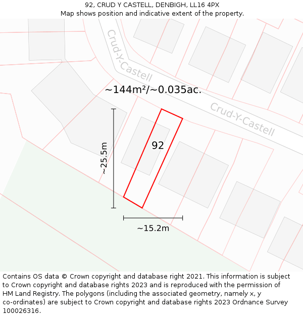 92, CRUD Y CASTELL, DENBIGH, LL16 4PX: Plot and title map