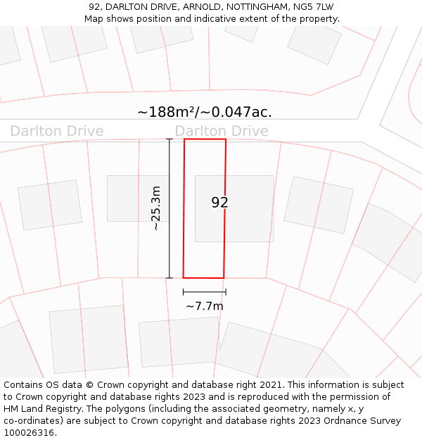 92, DARLTON DRIVE, ARNOLD, NOTTINGHAM, NG5 7LW: Plot and title map