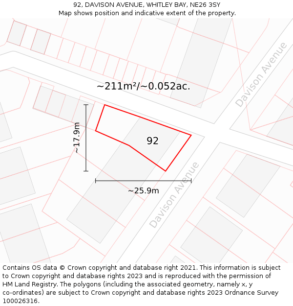 92, DAVISON AVENUE, WHITLEY BAY, NE26 3SY: Plot and title map