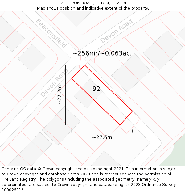 92, DEVON ROAD, LUTON, LU2 0RL: Plot and title map