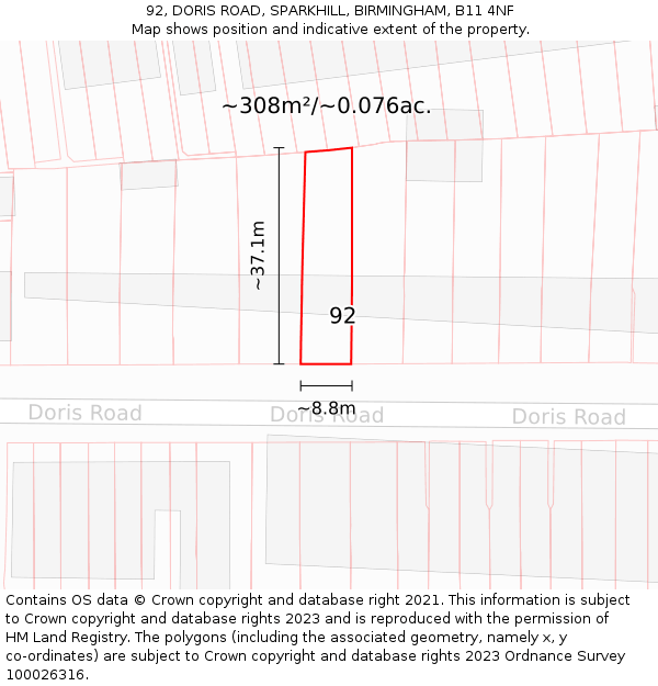 92, DORIS ROAD, SPARKHILL, BIRMINGHAM, B11 4NF: Plot and title map