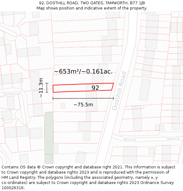 92, DOSTHILL ROAD, TWO GATES, TAMWORTH, B77 1JB: Plot and title map