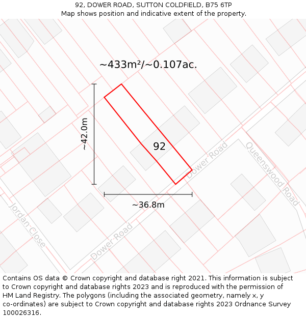 92, DOWER ROAD, SUTTON COLDFIELD, B75 6TP: Plot and title map