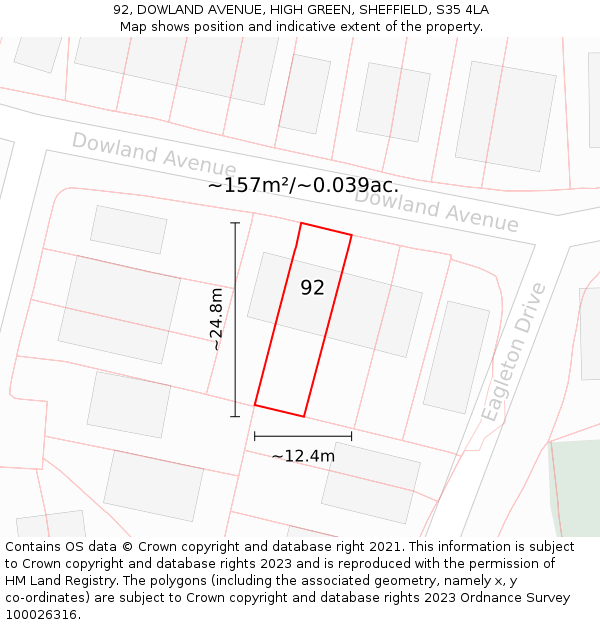92, DOWLAND AVENUE, HIGH GREEN, SHEFFIELD, S35 4LA: Plot and title map