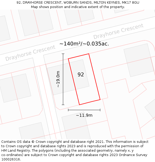 92, DRAYHORSE CRESCENT, WOBURN SANDS, MILTON KEYNES, MK17 8GU: Plot and title map