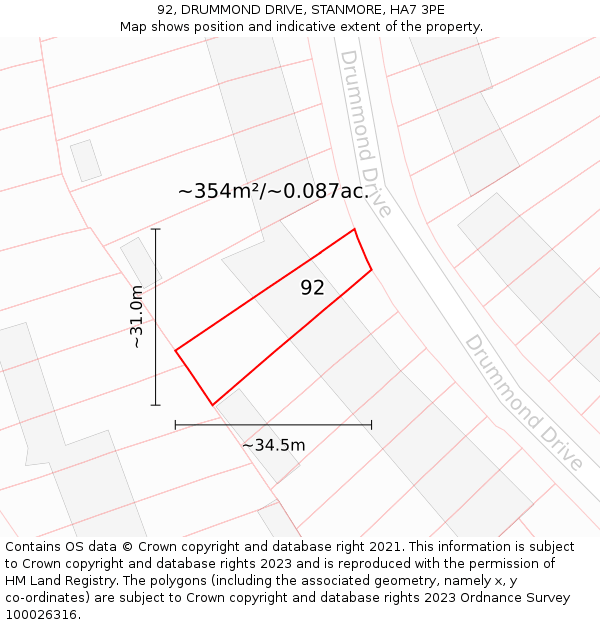 92, DRUMMOND DRIVE, STANMORE, HA7 3PE: Plot and title map
