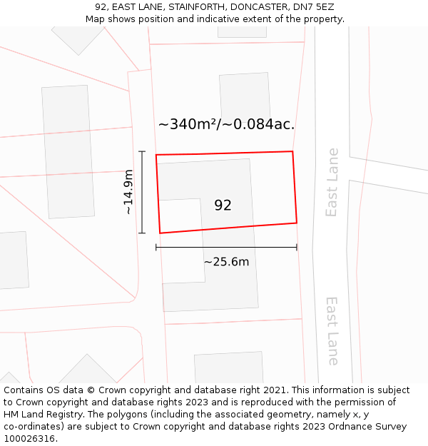 92, EAST LANE, STAINFORTH, DONCASTER, DN7 5EZ: Plot and title map