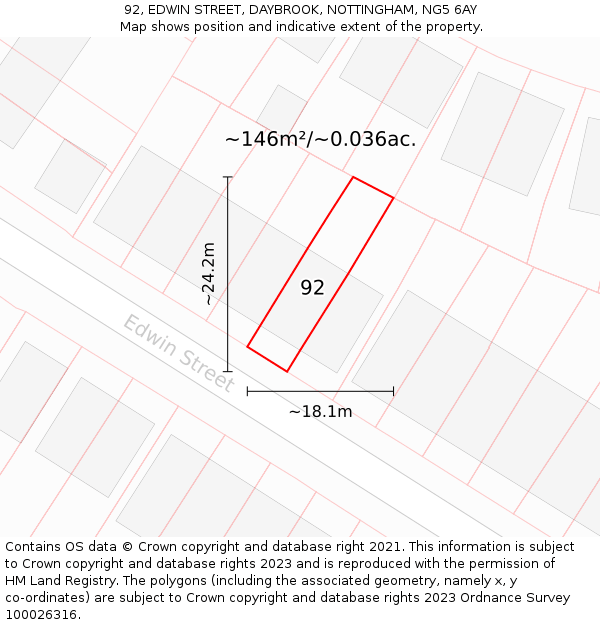 92, EDWIN STREET, DAYBROOK, NOTTINGHAM, NG5 6AY: Plot and title map