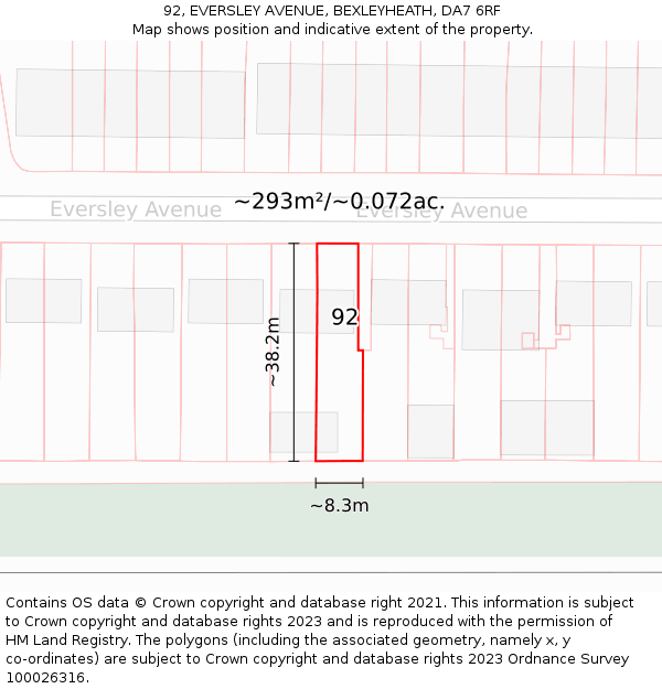 92, EVERSLEY AVENUE, BEXLEYHEATH, DA7 6RF: Plot and title map