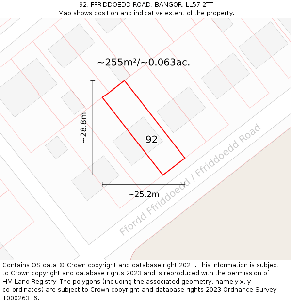 92, FFRIDDOEDD ROAD, BANGOR, LL57 2TT: Plot and title map