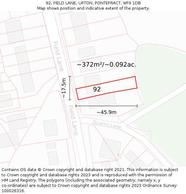 92, FIELD LANE, UPTON, PONTEFRACT, WF9 1DB: Plot and title map