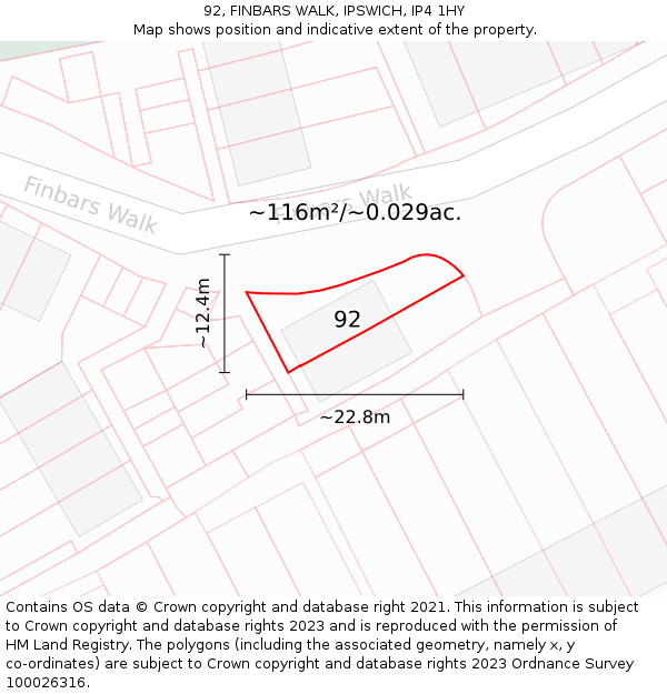 92, FINBARS WALK, IPSWICH, IP4 1HY: Plot and title map