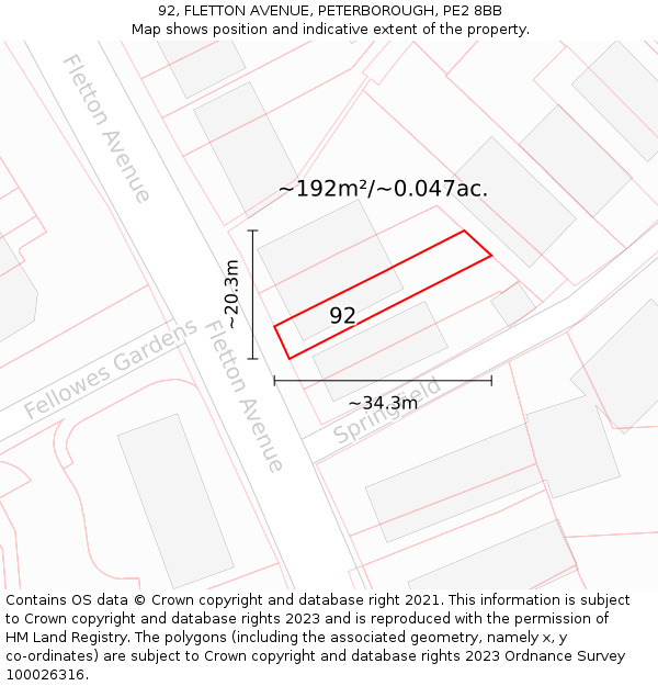 92, FLETTON AVENUE, PETERBOROUGH, PE2 8BB: Plot and title map