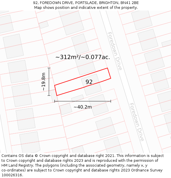 92, FOREDOWN DRIVE, PORTSLADE, BRIGHTON, BN41 2BE: Plot and title map