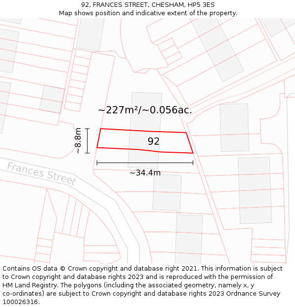 92, FRANCES STREET, CHESHAM, HP5 3ES: Plot and title map