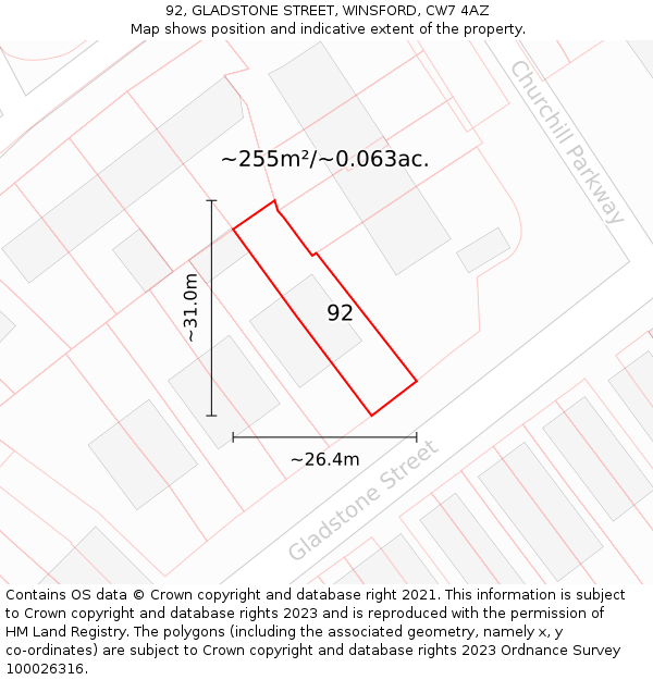 92, GLADSTONE STREET, WINSFORD, CW7 4AZ: Plot and title map