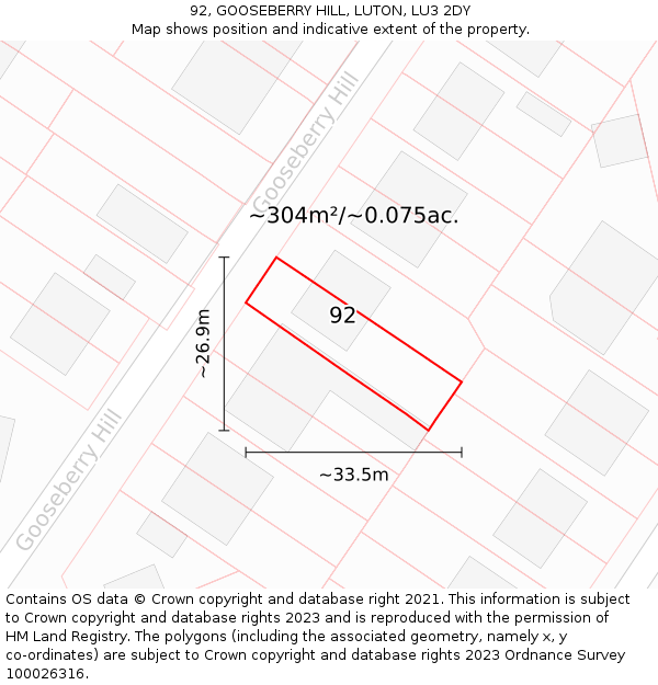 92, GOOSEBERRY HILL, LUTON, LU3 2DY: Plot and title map