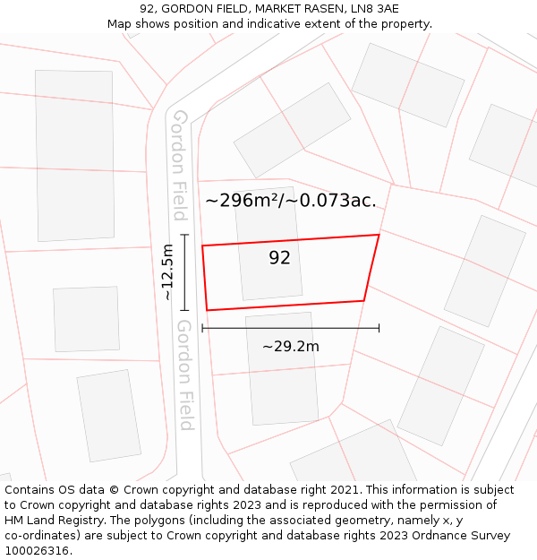 92, GORDON FIELD, MARKET RASEN, LN8 3AE: Plot and title map