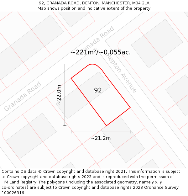 92, GRANADA ROAD, DENTON, MANCHESTER, M34 2LA: Plot and title map