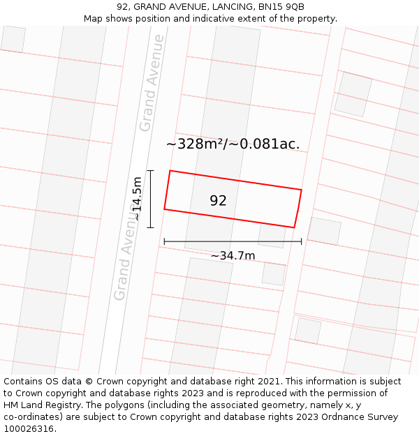 92, GRAND AVENUE, LANCING, BN15 9QB: Plot and title map