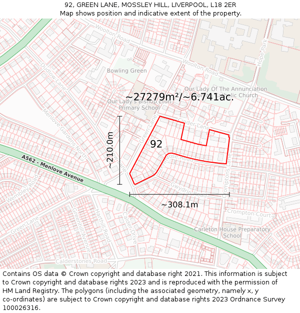 92, GREEN LANE, MOSSLEY HILL, LIVERPOOL, L18 2ER: Plot and title map
