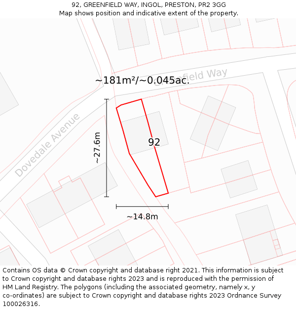 92, GREENFIELD WAY, INGOL, PRESTON, PR2 3GG: Plot and title map