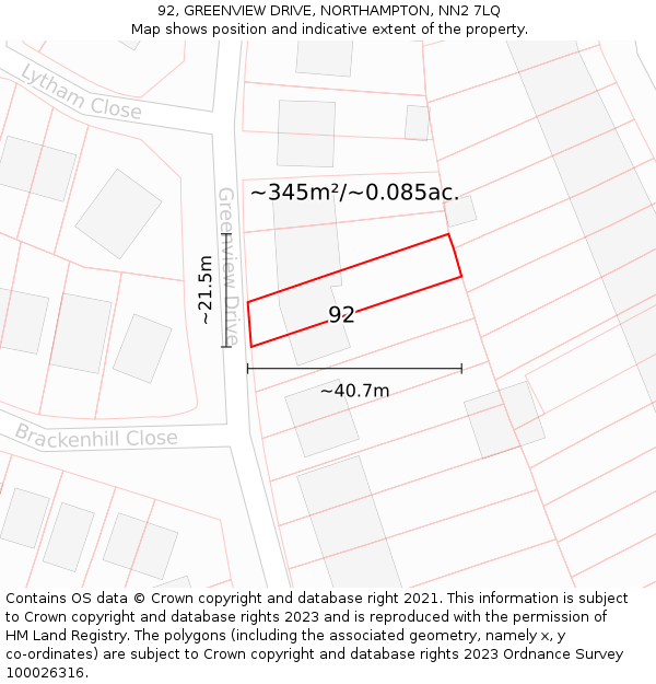 92, GREENVIEW DRIVE, NORTHAMPTON, NN2 7LQ: Plot and title map