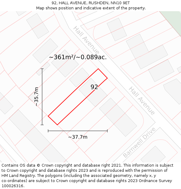 92, HALL AVENUE, RUSHDEN, NN10 9ET: Plot and title map