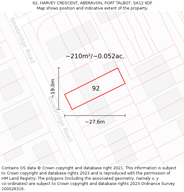 92, HARVEY CRESCENT, ABERAVON, PORT TALBOT, SA12 6DF: Plot and title map