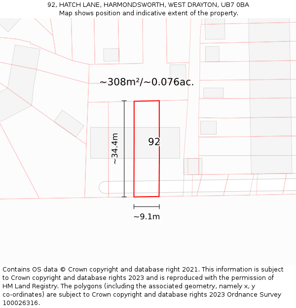 92, HATCH LANE, HARMONDSWORTH, WEST DRAYTON, UB7 0BA: Plot and title map