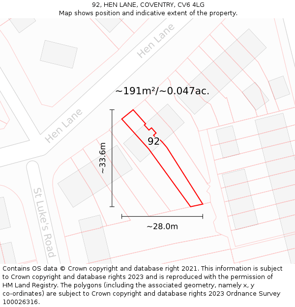 92, HEN LANE, COVENTRY, CV6 4LG: Plot and title map