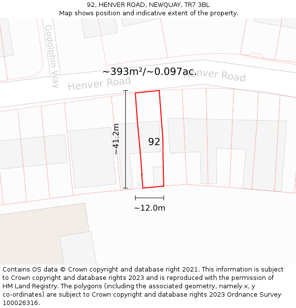 92, HENVER ROAD, NEWQUAY, TR7 3BL: Plot and title map