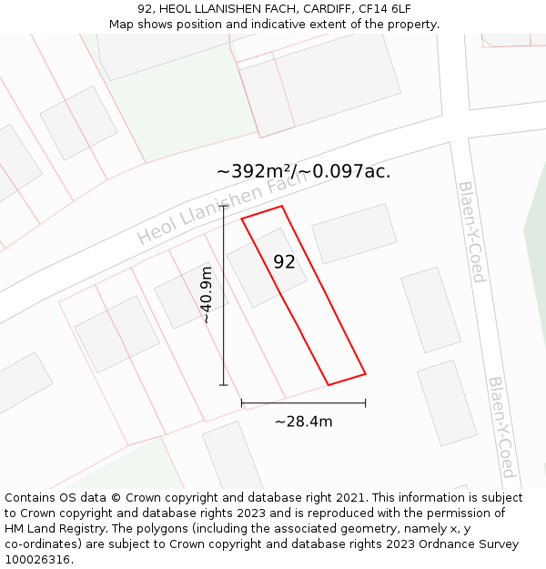 92, HEOL LLANISHEN FACH, CARDIFF, CF14 6LF: Plot and title map