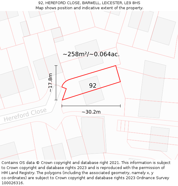 92, HEREFORD CLOSE, BARWELL, LEICESTER, LE9 8HS: Plot and title map