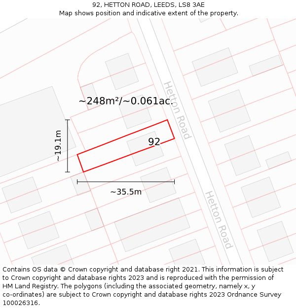 92, HETTON ROAD, LEEDS, LS8 3AE: Plot and title map